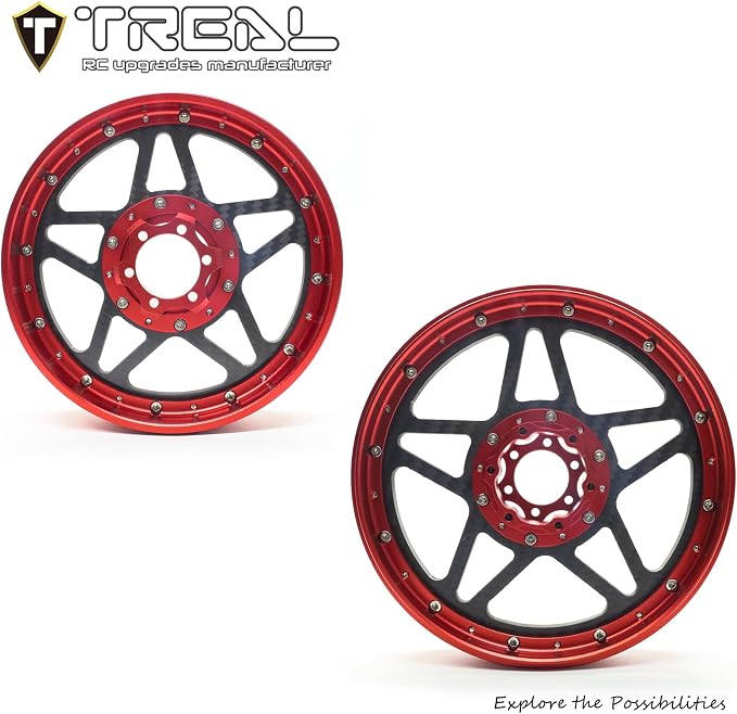 TREAL Losi Promoto MX Front and Rear Wheels(2P), CNC Machined Aluminum w Carbon Rims for Losi 1/4 FXR Motorcycle(Red)