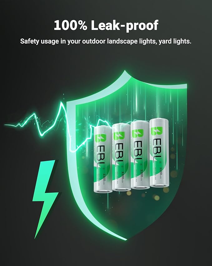 EBL AA Rechargeable Batteries, 1.2V 1100mAh High Capacity AA Battery for Solar Garden Lights (Pack of 8)