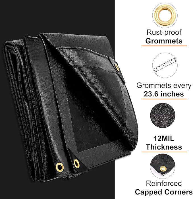Tarp 10x12FT, 12 Mil, Heavy Duty Waterproof Tarps with Grommets Every 23.6", 420D Thick Plastic Tarp, UV Resistant, Tear & Fade Resistant, Reinforced Edges for Outdoor Pool, Camp, Tent
