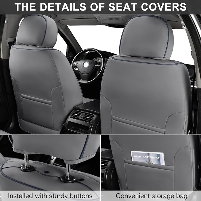 TIEHESYT Gray Car Seat Covers Full Set, Breathable Leather Automotive Front and Rear Seat Covers & Headrest for Reduce The Driving Fatigue, Compatible with Most Vehicles, Cars