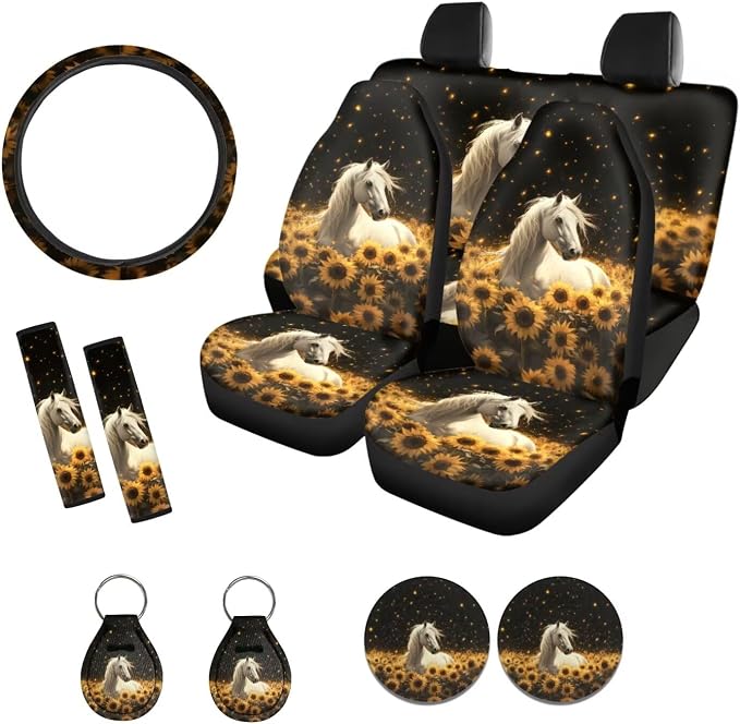 Xoenoiee Horse Sunflower Black Pattern Car Seat Covers and Accessories, Front Rear Seat Covers, Steering Wheel Cover, Seat Belt Pads, Coasters, Keychains for Car SUV Decor, 11 PCS Set