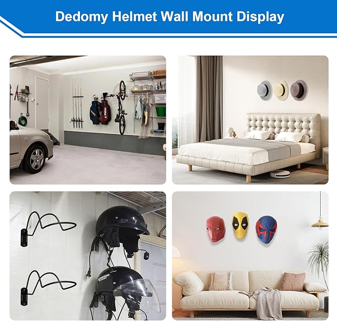 Helmet Wall Mount Display 2-Pack, Multifunctionnal Wall Mounted Helmet Holder Rack for Motorcycle, Hockey, Equestrian, Baseball, Football Helmets Storage, Black