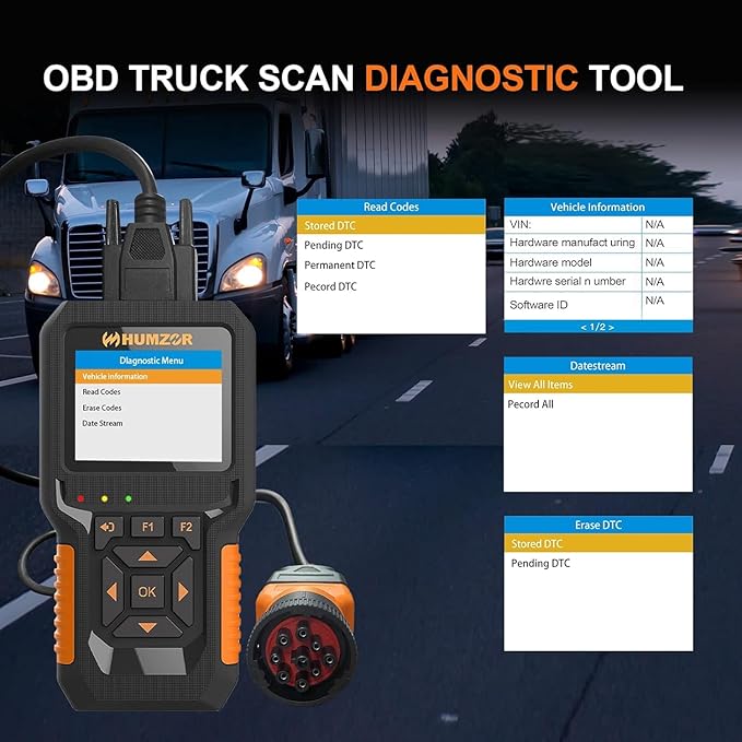 Heavy Duty Truck Scanner NC601, Diesel Diagnostic Scan Tool & Code Reader for Cummins, Freightliner, Detroit, Volvo, Paccar, 2 in 1 Truck & Car Engine Code Reader/OBD2 Scanner