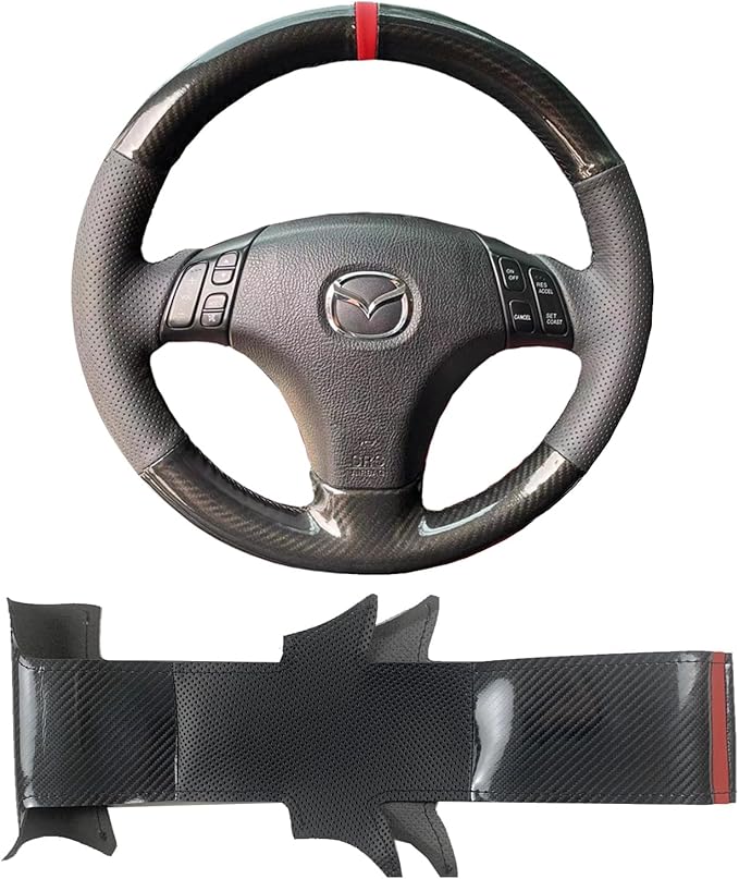 Hand-Stitched Gloss Carbon Fiber Steering Wheel Wrap for Mazda 3 Axela 2004-2009 / Mazda 5 2004-2010 / Mazda 6 Atenza 2003-2008 / Mazda RX-8 2004-2008 Interior Steering Wheel Protection Skin Cover
