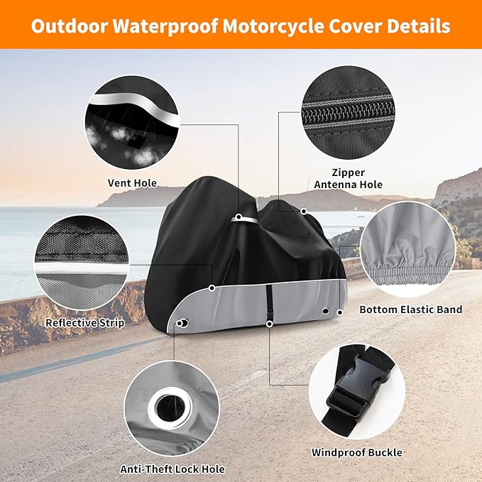 Trike Cover, 420D Outdoor Waterproof Three Wheeler Cover with Ventilation Holes and Reflective Strips, Suitable for Trike Models Freewheeler, CVO Version, Tri Glide, Chieftain, Goldwing Grey