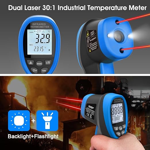 Pyrometer 30:1 Non-Contact High Temp Thermometer Gun-58℉ to 2732℉ (-50℃ ~ 1500℃) IR Thermometer Gun with Mobile APP for Pizza ovens, Kiln, Forge RQ-1500APP【Not for Human】
