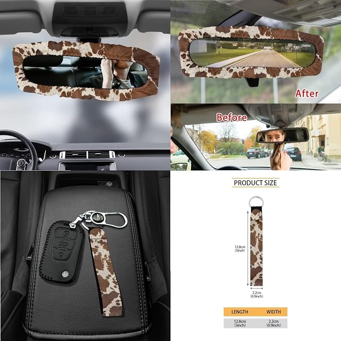 Wanyint Brown Beige Cow Print 15 PCS Car Seat Cover Full Set With Steering Wheel Cover, Seat Belt Pad, Trash Bin, Rear View Mirror Cover, Cup Holders, Keychain, Air Vent Storage Bag, Car Decoration