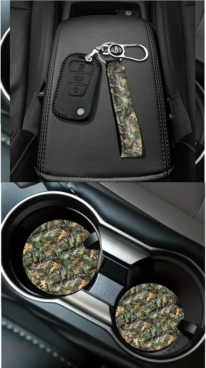 Dreaweet Camo Hunting Seat Covers for Cars Full Set Universial Steering Wheel Cover Seat Belt Pads Trash Bag Vent Storage Pouch Rear View Mirror Cover Car Coasters Keychain 15 Pcs Set