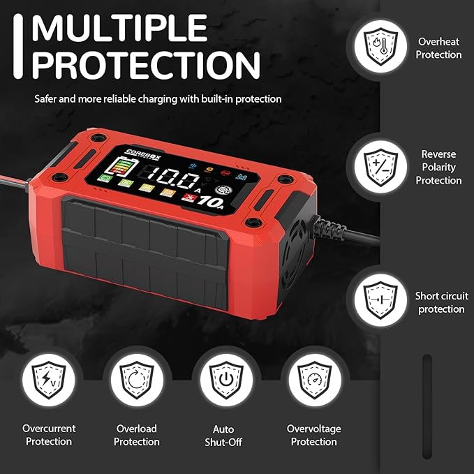 COREBOX 10-Amp Car Battery Charger,Support 1A 6A 0-10A,Trickle Charger for Car Battery 12v,Fast Battery Chargers Automobile 12volt,Smart Lifepo4,AGM,Lithium Battery Chargers for Auto Motorcycle Marine