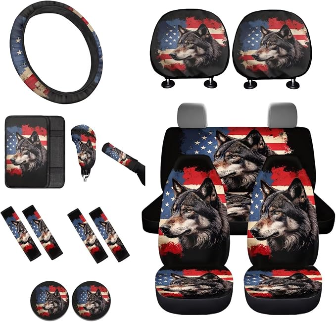 Lotusorchid Wolf Print Car Accessories Full Set, American Flag Printed Car Front Back Seat Covers and Gear Shift Knob Cover, Anti-Dust Steering Wheel Cover and Auto Seat Covers for Cars