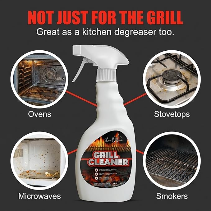 Evo Dyne Grill Cleaner Spray (32 oz), Made in USA - Quickly Cleans BBQ Burnt-on Foods and Grease from Grill Grates - Heavy Duty, Fast-Acting Formula, Less Scrubbing - Food Safe Grill & Oven Degreaser
