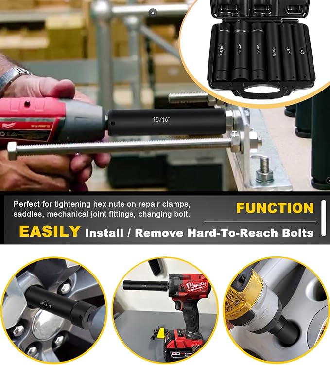 1/2 Inch Drive Extended Length Impact Socket Set - 6 Piece Extra Deep Impact Socket Set - Hex Size 3/4", 7/8", 15/16", 1-1/16", 1-1/8", 1-1/4" Heavy Duty With Storage Case For High Torque Use