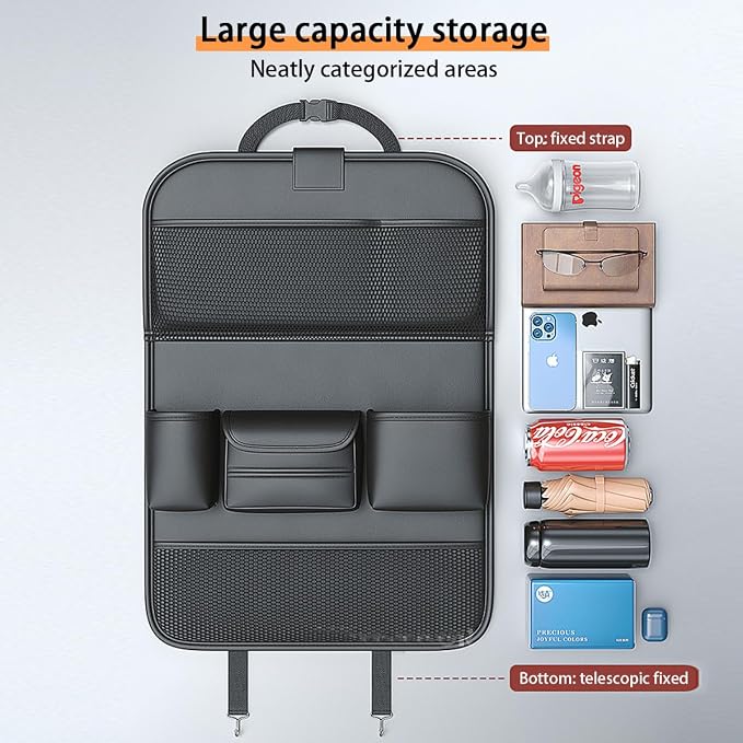 Popular Items Rear Seat Organizer, Premium Waterproof PU Leather Car Seat Back Pocket with Stain Proof iPad Storage, Black