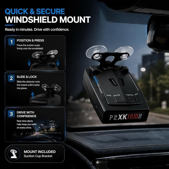 Radar with Detection Up to 1100 Yards Long Range Detection, X/K/Ka/KU/ST/CT Band & Laser Detectors for Cars with Voice Alert, Intelligent False Alert Filter, Includes Suction Cup Mount