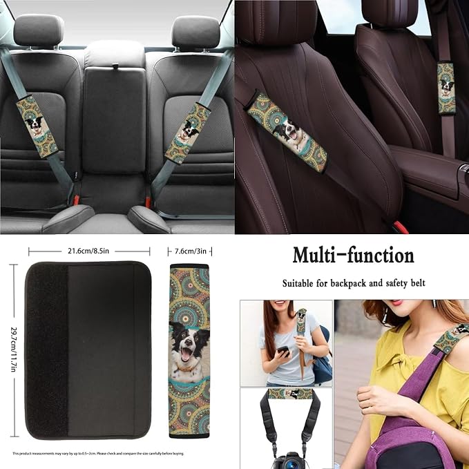 Suobstales Boho Mandala Print Car Seat Covers Full Set for Women Girly Border Collie Design Seat Cover Protector Auto Decorative with Steering Wheel Cover +Seat Belt Covers +Coasters +Keychains