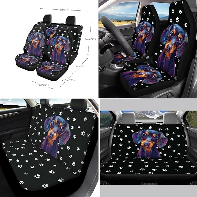 Xoenoiee Dachshund Dog and Paw Print Front Rear Seat Cover for Car SUV Interior Accessories Set with Steering Wheel Cover, Seat Belt Cover, Auto Coasters, Key Chains, 11 Pcs