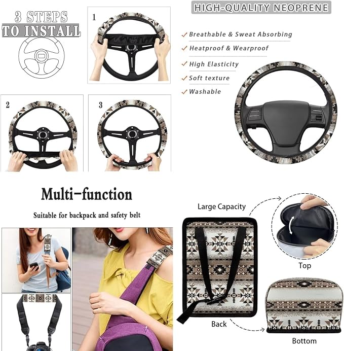 XYZCANDO Tribal Prints Automobile Accessories Sets 15 PCS Car Seat Cover Set Steering Wheel Cover Cover Garbage Bag Storage Box Seat Belt Pads Rear View Mirror Cover Coasters Keychain Fit Most Cars