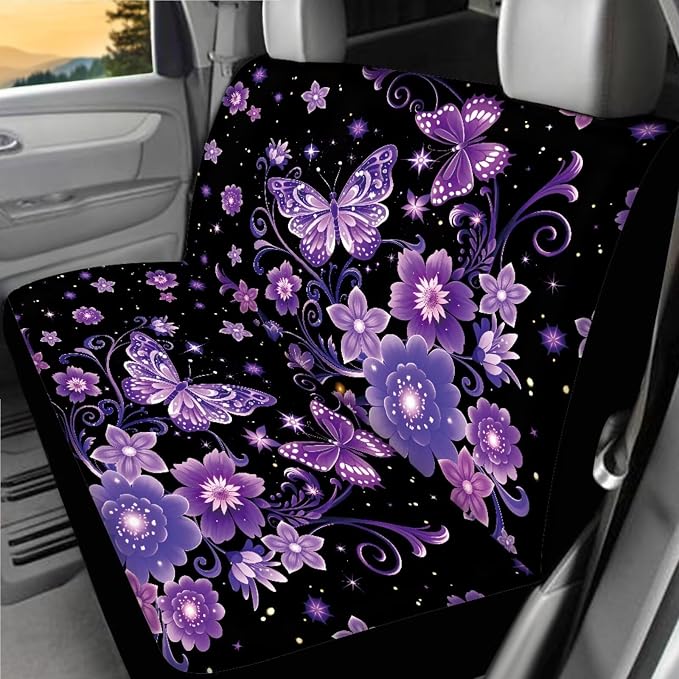 Purple Butterfly Car Seat Covers Full Sets of 18 Pcs Butterfly Flower Car Accessories Set Soft Car Seat Belt Pads Cover Car Headrest Covers Steering Wheel Wrap Coasters,Universal Fit