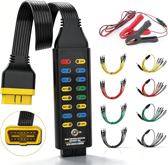 Obd2 Breakout Box, Automotive OBDII Protocol Detector 16-Pin CAN Diagnostic Tool for Communication/Power/Ground Detection with Universal Wire Jumper and Clips
