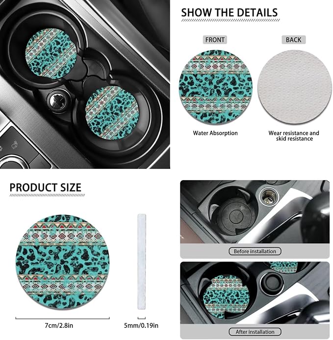 Wanyint Aztec Cow Print Teal Car Seat Cushion Cover Full Set 11 PCS, with Car Steering Wheel Cover Coasters Handbrake Protector Gear Shift Knob Cover Headrest Covers Universal Fit Most Vehicles