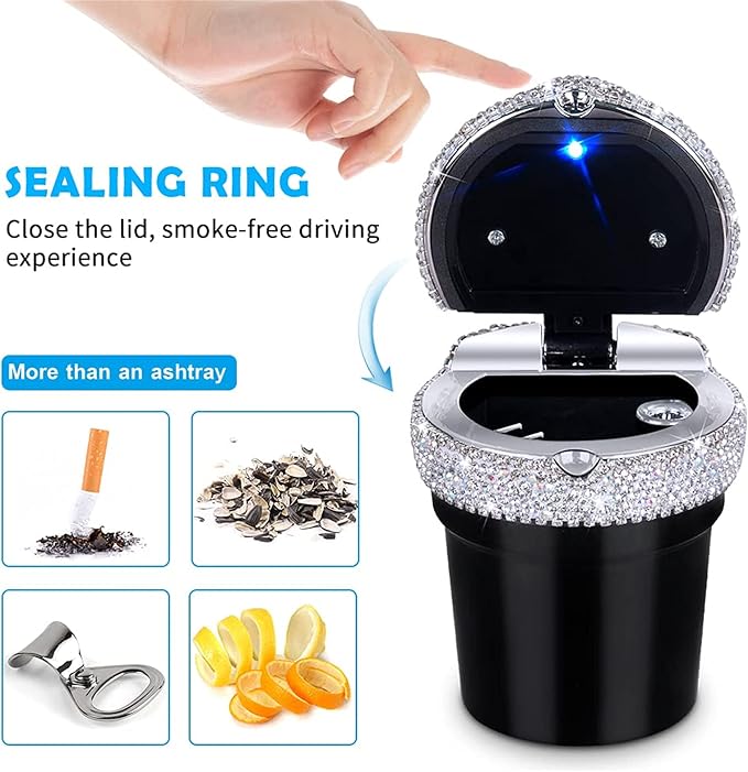 eing Car Ashtray Portable Bling Cigarette Smokeless Cylinder Cup Holder with Blue LED Light Indicator,Car Accessories for Women,Ideal for Car,Home and Office,1 - Pack Black+White