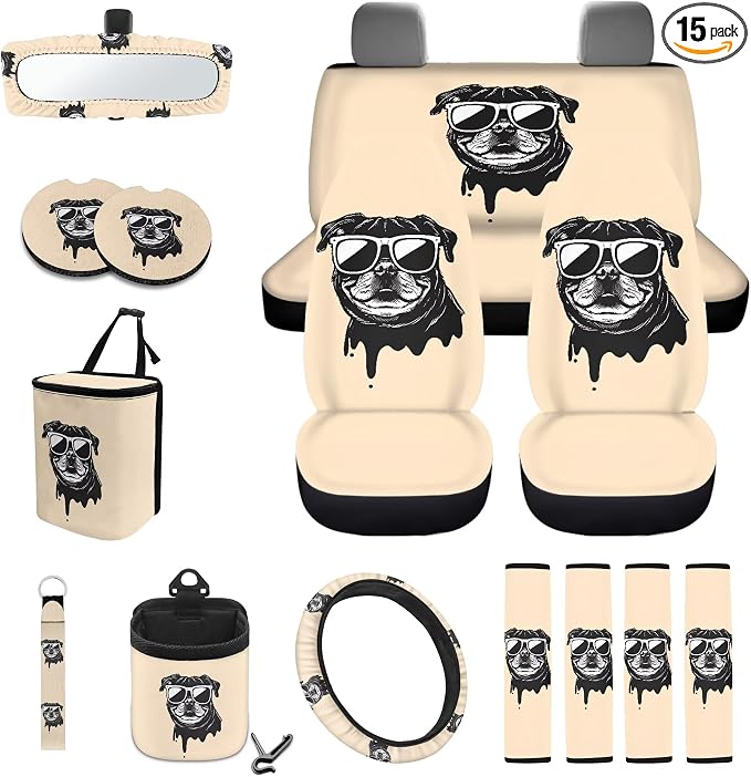 French Bulldog Print Car Front Back Seat Cover Set of 15 Steering Wheel Covers Seatbelt Strap Pad Garbage Cans Air Vent Storage Holder Rear View Mirror Cover Cup Holder Key Chain
