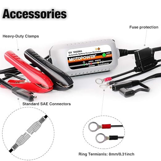 MOTOPOWER MP0515A 12V Car Battery Load Tester with MP00205B 12V 1000mA Battery Charger Maintainer
