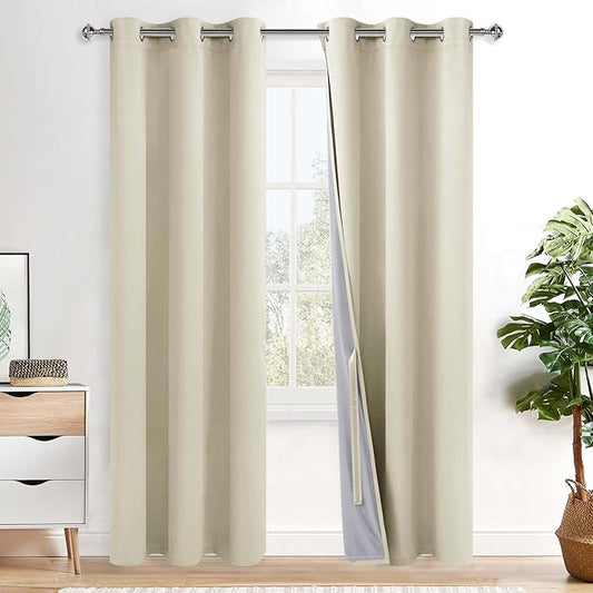 XWZO 100% Blackout Curtain Panels - Thermal Insulated Black Liner Curtains, Noise Reducing and Heat Blocking Drapes for Hall and Studio Windows with Tiebacks, Beige, W38 x L84, Set of 2