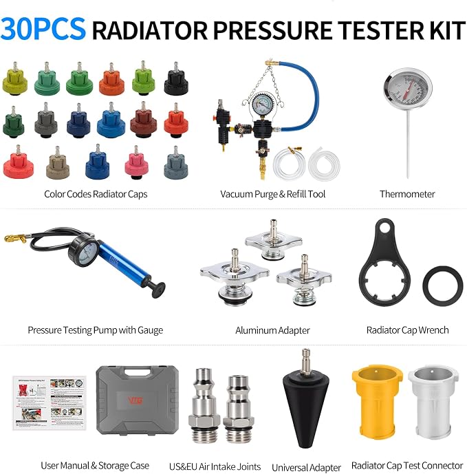 VTG VOGTEN 30PCS Coolant Pressure Tester & Vacuum Refill Kit,Radiator Pump Pressure Tester Kit for Automotive Cooling System Water Tank Leakage Detection