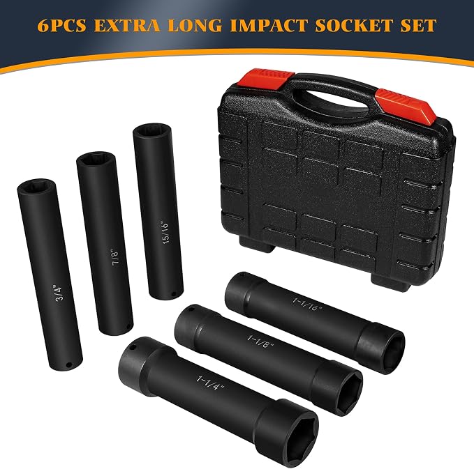 6.75 Inch Long Extended Length Impact Socket Set 1/2 Inch Drive Extra Deep Sockets Heavy Duty Steel With Hex Sizes 3/4" 7/8" 15/16" 1-1/16" 1-1/8" 1-1/4" for High Torque Use 6PCS