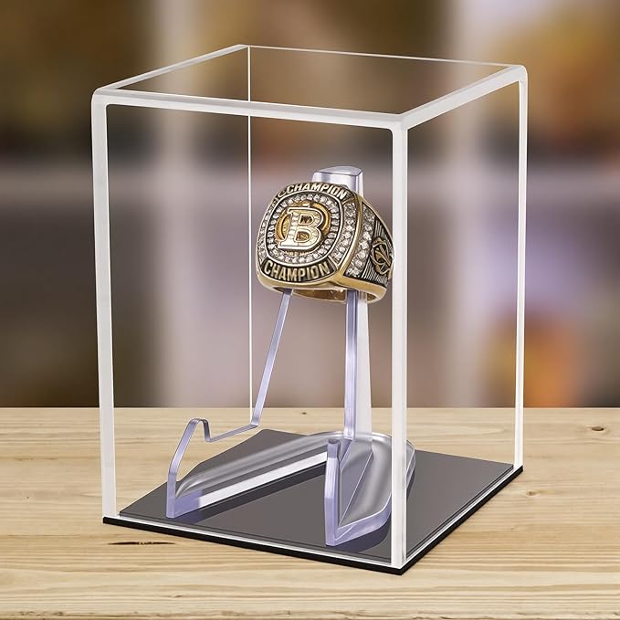 Clear Acrylic Championship Ring Display Case with Black Base, Memorabilia Stand Cube Holder, Dust Protective Transparent Storage Box for Single Rings Souvenir Ring Collections