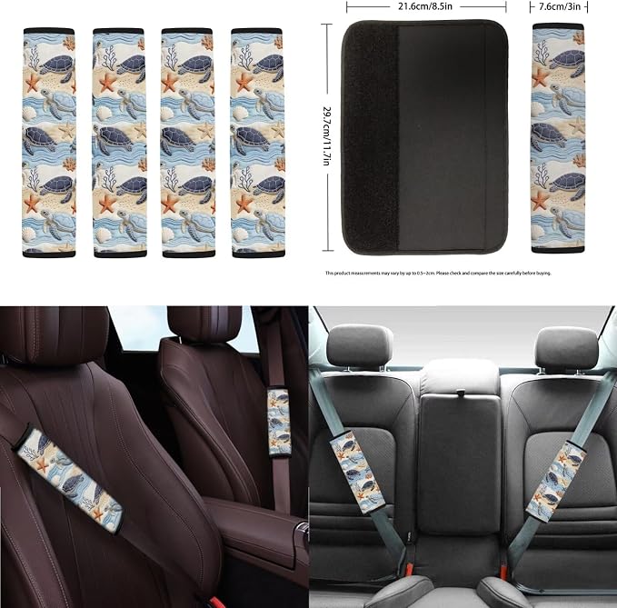 Sea Turtle Print Automotive Seat Covers & Accessories Starfish Shell Print Car Front Rear Seat Covers with Steering Wheel Cover Center Console Pad Seatbelt Pads Headrest Protectors