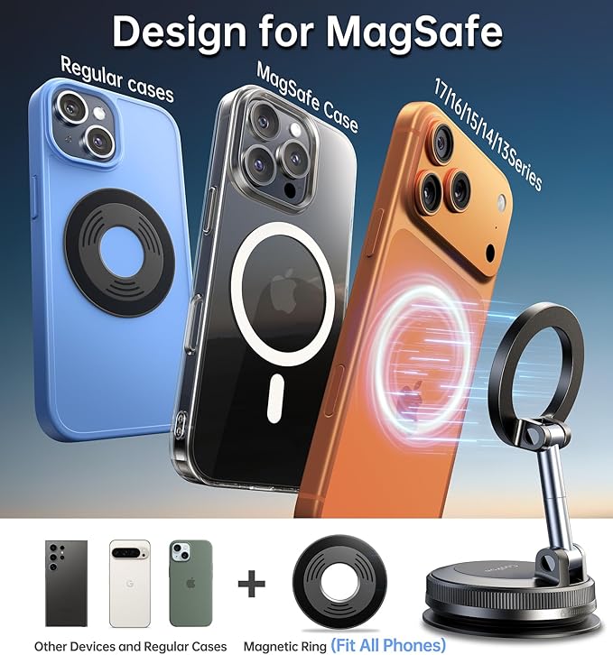 Coolpow Magsafe Car Mount【Strongest Magnet】 Magnetic Phone Holders for Your Car【AdhesiveFree | Pure Vacuum Suction Phone Mount for Car Phone Holder Mount Dash for iPhone 17 16 15 Valentines Day Gifts