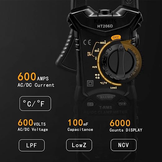 KAIWEETS HT206D Digital Clamp Meter T-RMS 6000 Counts, KET01 Soft Silicone Electrician Test Leads Kit