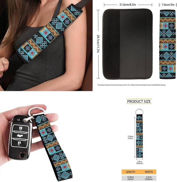 Navajo Aztec Car Seat Covers Set of 15 with Universal Steering Wheel Cover, Rearview Mirror Cover, Car Trash Can, Seatbelt Pads, Cup Holder Coasters, Keychains