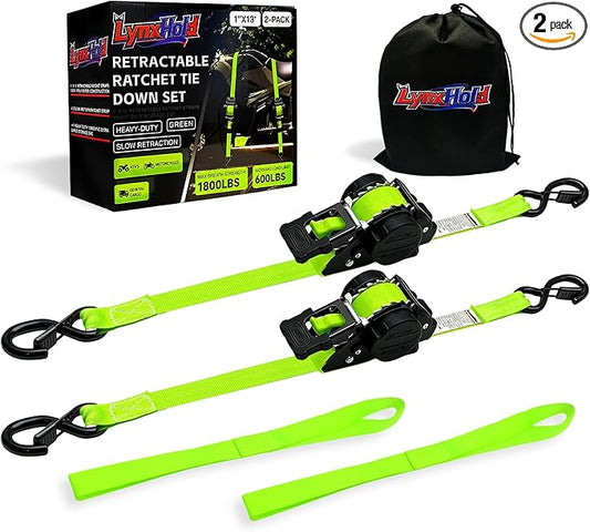 Retractable Ratchet Straps (2-Pack) - Heavy Duty Auto Slow Retraction Tie Down Straps - 1 Inch x 13 Feet (1,800lb Break Strength) for Truck, Cargo Trailer, Motorcycle, ATV, UTV - Fluorescent Green
