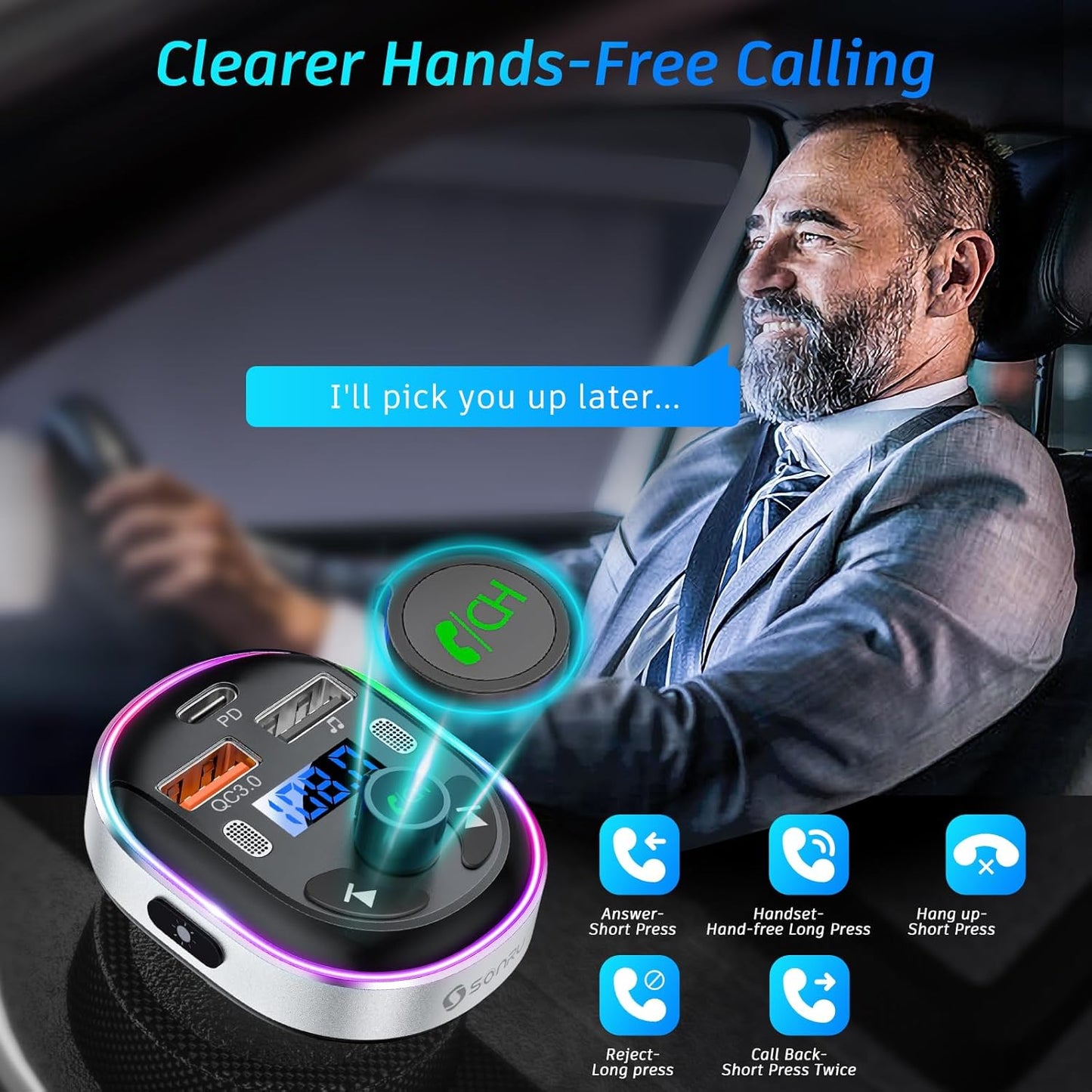 SONRU Bluetooth 5.3 FM Transmitter for Car, Bluetooth Car Adapter, PD 30W & QC3.0 18W Fast Car Charger, Wireless FM Radio Music Adapter, Stronger Dual Mics/7 Colored LED Backlit/Hands-Free Calling