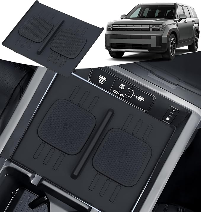 Center Console Wireless Charging Protective Mats for Hyundai Santa Fe 2024 2025 2026, Interior Accessories Silicone Non-Slip Anti-Dust Waterproof Pad, Black