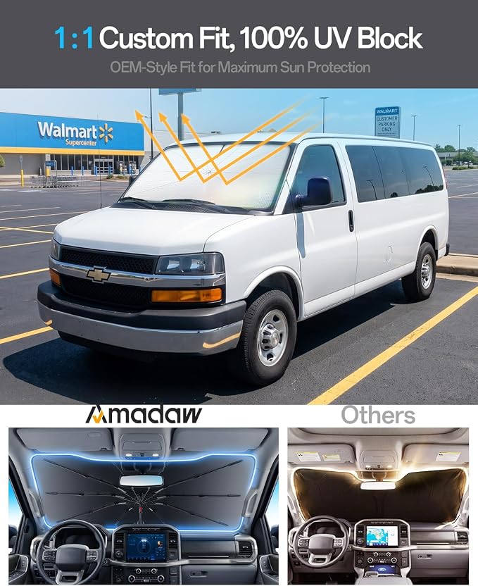 Windshield Sun Shade for Chevrolet Express 1500 2000–2026, Foldable Umbrella Sunshade with 100% UV Block, Multi-Layer Heat Insulation, Reinforced 10-Rib Frame, Keeps Car Cooler