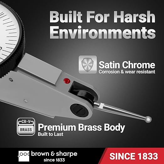 Brown & Sharpe Dial Test Indicator – 0.03" Range, 0.0005" Graduation, 6 Ruby Jewels, Satin Chrome Brass, 0-15-0 Dial, Professional DTI with Dovetail Clamp & Storage Case for Precision Measurement
