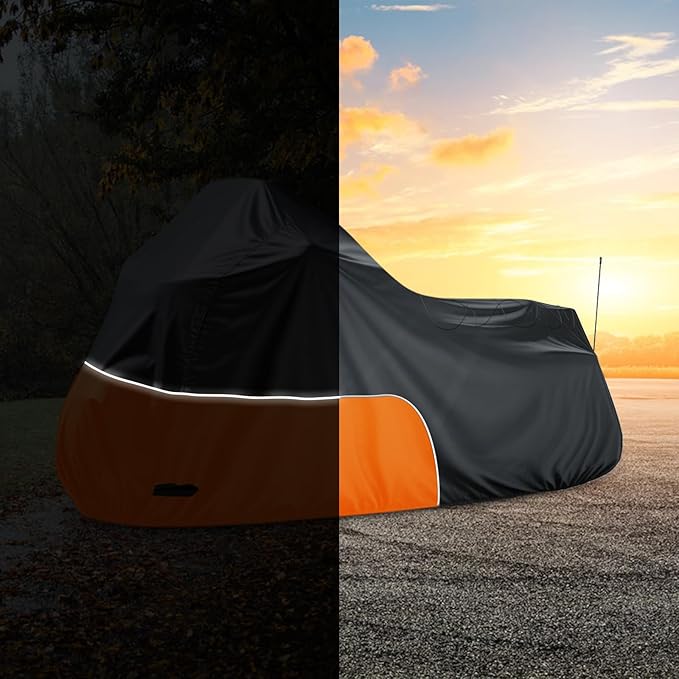 Motorcycle Cover Fits for Harley Davidson Road King Road Glide Electra Glide Low Rider-ST HD Goldwing, All Weather Waterproof Cruiser Motorcycle Cover, Black&Orange