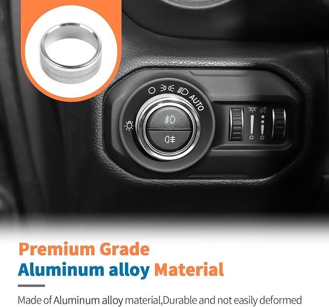 JeCar 8-Piece Aluminum Switch Button Knob Cover for 2018-2025+ Jeep Wrangler JL JLU & Gladiator JT Window Switch Button Cover, Radio, Air Conditioner, Headlight Switch Knob Cover (Silver)