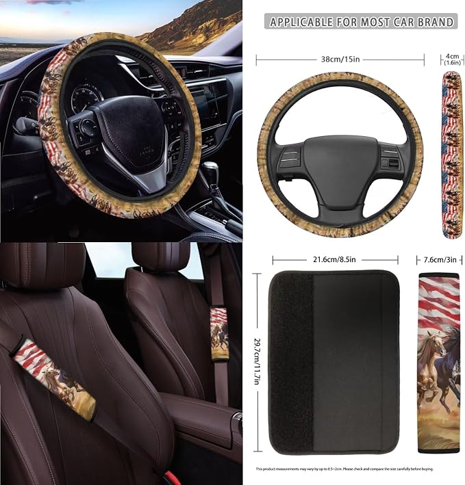 Horse American Flag Print Full Set with Front Back Seats Steering Wheel Covers, Trash Can, Air Vent Bag, Auto Seat Belt Pads, Mirror Cover, Cup Holder Coaster for Women Men