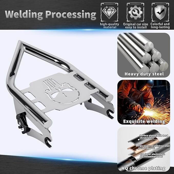 Detachable Luggage Rack for Harley Touring 2009-2026 Street Road Electra Glide/Road King, Chrome（Skull）