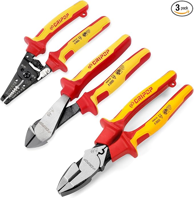 3 PCS Insulated Pliers Set, 1000V Insulated Electrical Tools Kit with Wire Stripper, Linesmen & Diagonal Cutters, VDE Certified