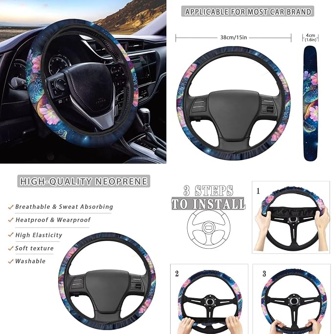 8 Pcs Sea Turtle Butterfly Car Interior Accessories Set for Women, Car Seat Covers Full Set with Auto Steering Wheel Cover, Auto Center Console Pad, Seat Belt Pads