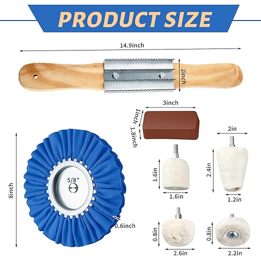 Liliful 15 Pcs 8" Airway Polishing Wheel Kit in Diameter 5/8", Metal Aluminum Buffing Wheel and Polishing Compound and Buffing Drill and Rake Pad for Angle Grinder Mirror Metal Finish (Bright Color)
