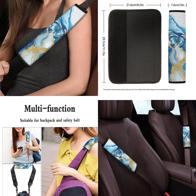 Blue Fluid 13 PCS Car Seat Covers Blue Butterfly Gild Fluid Full Set Car Front Back Seat Cover Art Aesthetics Gradient Steering Wheel Cover Fit Auto SUV Trucks