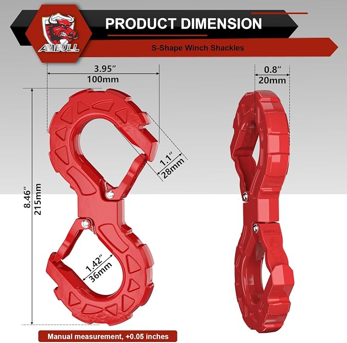 3/4" Easy Open D Ring Separate Shackles (17,600 lbs WLL) with 3/8" G80 S Shaped Tow Hook (11,200 lbs WLL) Off-Road Recovery Kit, Heavy Duty Winch Towing Combo, Black Red
