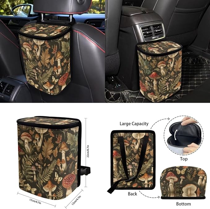 Mushroom Car Seat Covers Full Set for Women Universal Car Accessories - Steering Wheel Cover Seatbelt Covers Car Coasters Trash Bag Rearview Mirror Cover Keychain